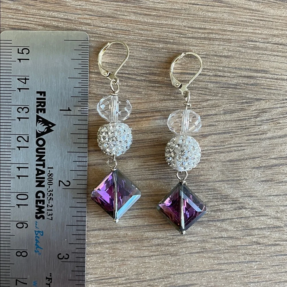 HAND CRAFTED DRAMATIC PARTY EARRINGS Purple Silver Clear Crystals